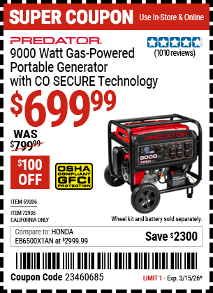 www.hfqpdb.com - PREDATOR 9000 WATT GAS-POWERED PORTABLE GENERATOR WITH CO SECURE TECHNOLOGY, 49-STATE COMPLIANT Lot No. 59206/72935