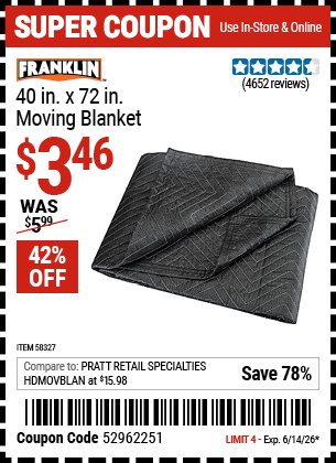 www.hfqpdb.com - FRANKLIN 40 IN. X 72 IN. MOVING BLANKET Lot No. 58327