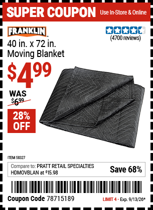 www.hfqpdb.com - FRANKLIN 40 IN. X 72 IN. MOVING BLANKET Lot No. 58327