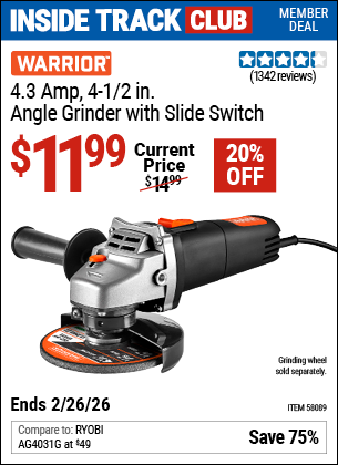 Harbor Freight WARRIOR 4.3 AMP, 4-1/2 IN. ANGLE GRINDER WITH SLIDE SWITCH coupon