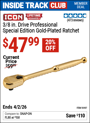 www.hfqpdb.com - ICON 3/8 IN. DRIVE PROFESSIONAL SPECIAL EDITION GOLD-PLATED RATCHET Lot No. 56907
