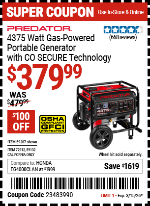 www.hfqpdb.com - PREDATOR 4375 WATT GAS-POWERED PORTABLE GENERATOR WITH CO SECURE TECHNOLOGY, 49-STATE COMPLIANT Lot No. 59207/59132/72912
