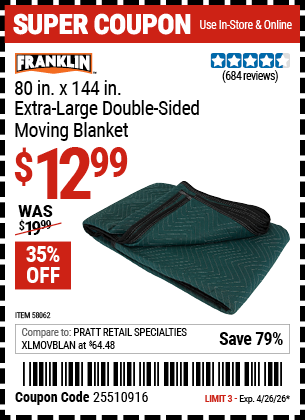 www.hfqpdb.com - FRANKLIN 80 IN. X 144 IN. EXTRA-LARGE DOUBLE-SIDED MOVING BLANKET Lot No. 58062