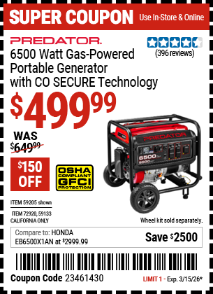 www.hfqpdb.com - PREDATOR 6500 WATT GAS-POWERED PORTABLE GENERATOR WITH CO SECURE TECHNOLOGY, 49-STATE COMPLIANT Lot No. 59205/59133/72920