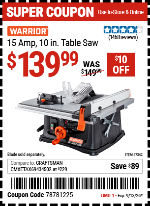 www.hfqpdb.com - WARRIOR 15 AMP, 10 IN. TABLE SAW Lot No. 57342