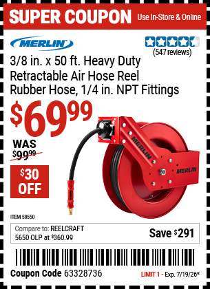 Harbor Freight 3/8 IN. X 50 FT. HEAVY DUTY RETRACTABLE AIR HOSE REEL, RUBBER HOSE, 1/4 IN. NPT FITTINGS coupon