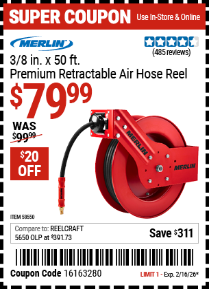 Harbor Freight MERLIN 3/8 IN. X 50 FT. PREMIUM RETRACTABLE AIR HOSE REEL coupon