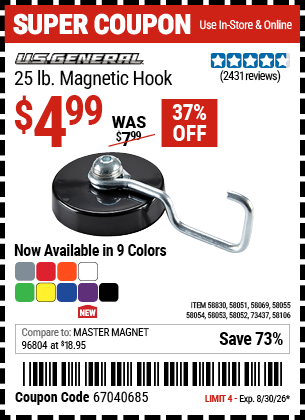 www.hfqpdb.com - U.S. GENERAL 25 LB. MAGNETIC HOOK Lot No. 58830/58051/58052/58106/58054/58069/58053/58055