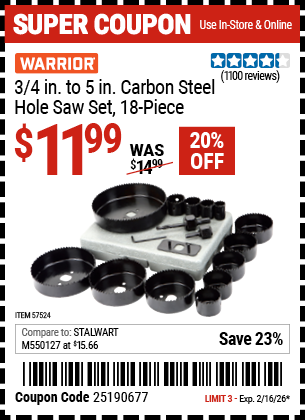 Harbor Freight WARRIOR 3/4 IN. TO 5 IN. CARBON STEEL HOLE SAW SET, 18-PIECE coupon