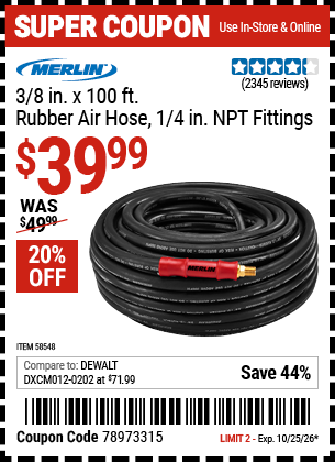 www.hfqpdb.com - MERLIN 3/8 IN. X 100 FT. RUBBER AIR HOSE, 1/4 IN. NPT FITTINGS Lot No. 58548