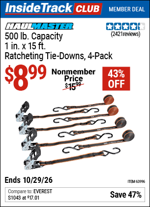 Harbor Freight HAUL-MASTER 500 LB. CAPACITY, 1 IN. X 15 FT. RATCHETING TIE-DOWNS, 4-PACK coupon
