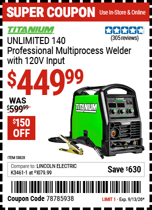 www.hfqpdb.com - TITANIUM UNLIMITED 140 PROFESSIONAL MULTIPROCESS WELDER WITH 120V INPUT Lot No. 58828