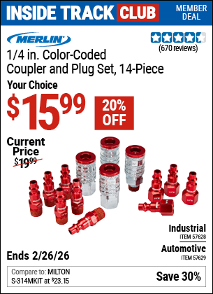 Harbor Freight MERLIN 1/4 IN. COLOR-CODED COUPLER AND PLUG SET, 14-PIECE coupon
