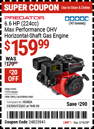 Harbor Freight PREDATOR 6.6 HP (224CC) MAX PERFORMANCE OHV HORIZONTAL-SHAFT GAS ENGINE coupon