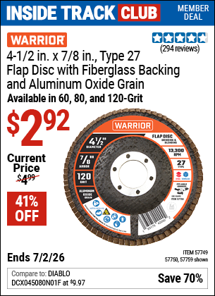 www.hfqpdb.com - WARRIOR 4-1/2 IN. X 7/8 IN. TYPE 27 FLAP DISC WITH FIBERGLASS BACKING AND ALUMINUM OXIDE GRAIN Lot No. 57749/57750/57759