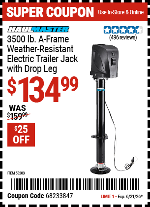 www.hfqpdb.com - HAUL-MASTER 3500 LB. A-FRAME WEATHER-RESISTANT ELECTRIC TRAILER JACK WITH DROP LEG Lot No. 58203