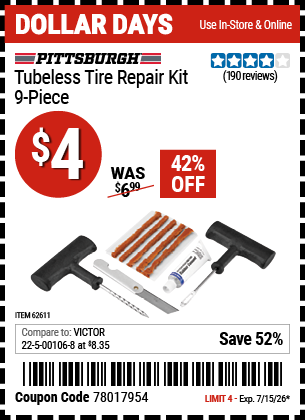 www.hfqpdb.com - PITTSBURGH TUBELESS TIRE REPAIR KIT, 9-PIECE Lot No. 62611