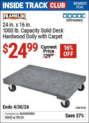 www.hfqpdb.com - FRANKLIN 24 IN. X 16 IN., 1000 LB. CAPACITY SOLID DECK HARDWOOD DOLLY WITH CARPET Lot No. 59102