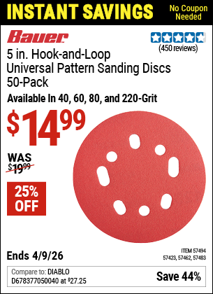 www.hfqpdb.com - BAUER 5 IN., HOOK-AND-LOOP UNIVERSAL PATTERN SANDING DISCS, 50-PACK Lot No. 57423/57483/57494/57462