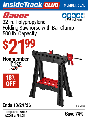 Harbor Freight BAUER 32 IN. POLYPROPYLENE FOLDING SAWHORSE WITH BAR CLAMP, 500 LB. CAPACITY coupon
