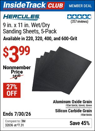 www.hfqpdb.com - HERCULES 9 IN. X 11 IN. WET/DRY SANDING SHEETS WITH ALUMINUM OXIDE GRAIN, 5-PACK Lot No. 58444/58436/58438/58440