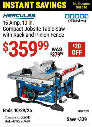 www.hfqpdb.com - HERCULES 15 AMP, 10 IN. COMPACT JOBSITE TABLE SAW WITH RACK AND PINION FENCE Lot No. 57673