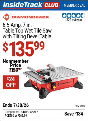 www.hfqpdb.com - DIAMONDBACK 6.5 AMP, 7 IN. TABLE TOP WET TILE SAW WITH TILTING BEVEL TABLE Lot No. 57087