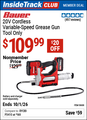www.hfqpdb.com - BAUER 20V CORDLESS VARIABLE-SPEED GREASE GUN &ndash; TOOL ONLY Lot No. 58608