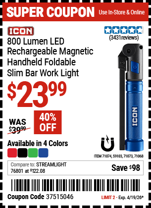 Harbor Freight ICON 800 LUMEN LED RECHARGEABLE MAGNETIC HANDHELD FOLDABLE SLIM BAR WORK LIGHT coupon