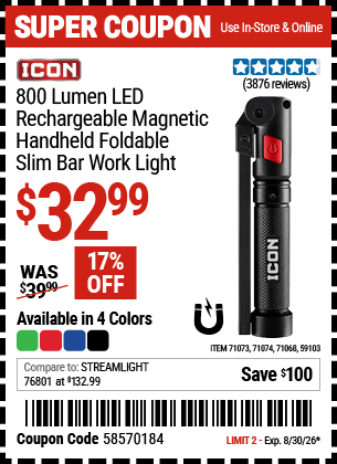 Harbor Freight ICON 800 LUMEN LED RECHARGEABLE MAGNETIC HANDHELD FOLDABLE SLIM BAR WORK LIGHT coupon