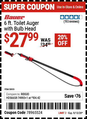 www.hfqpdb.com - BAUER 6 FT. TOILET AUGER WITH BULB HEAD Lot No. 58959