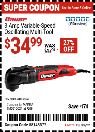 www.hfqpdb.com - BAUER 3 AMP VARIABLE-SPEED OSCILLATING MULTI-TOOL Lot No. 59163/56509