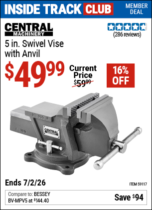 www.hfqpdb.com - CENTRAL MACHINERY 5 IN. SWIVEL VISE WITH ANVIL Lot No. 59117