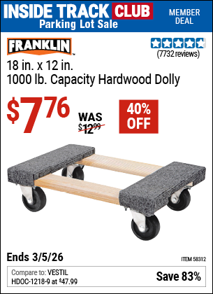 Harbor Freight FRANKLIN 18 IN. X 12 IN., 1000 LB. CAPACITY HARDWOOD DOLLY coupon
