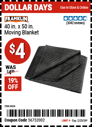 www.hfqpdb.com - FRANKLIN 40 IN. X 50 IN. MOVING BLANKET Lot No. 58328