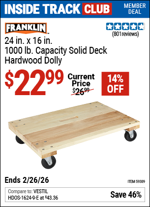 Harbor Freight FRANKLIN 24 IN. X 16 IN., 1000 LB. CAPACITY SOLID DECK HARDWOOD DOLLY coupon