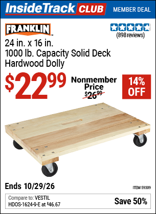 www.hfqpdb.com - FRANKLIN 24 IN. X 16 IN., 1000 LB. CAPACITY SOLID DECK HARDWOOD DOLLY Lot No. 59309