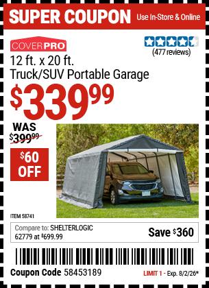 www.hfqpdb.com - COVERPRO 12 FT. X 20 FT. TRUCK/SUV PORTABLE GARAGE Lot No. 58741