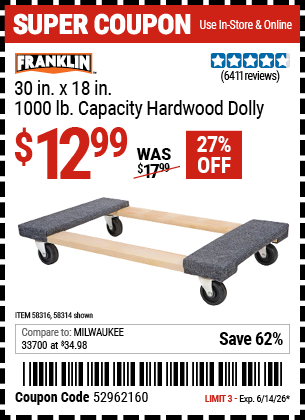 www.hfqpdb.com - FRANKLIN 30 IN. X 18 IN., 1000 LB. CAPACITY HARDWOOD DOLLY Lot No. 58314/58316
