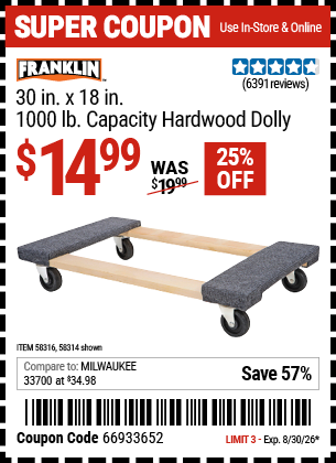 Harbor Freight FRANKLIN 30 IN. X 18 IN., 1000 LB. CAPACITY HARDWOOD DOLLY coupon