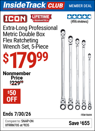 Harbor Freight ICON EXTRA-LONG PROFESSIONAL METRIC DOUBLE BOX FLEX RATCHETING WRENCH SET, 5-PIECE coupon