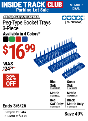 Harbor Freight U.S. GENERAL PEG-TYPE SOCKET TRAY, 3-PIECE coupon
