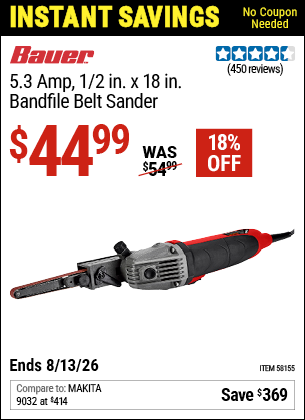 www.hfqpdb.com - BAUER 5.3 AMP, 1/2 IN. X 18 IN. BANDFILE BELT SANDER Lot No. 58155