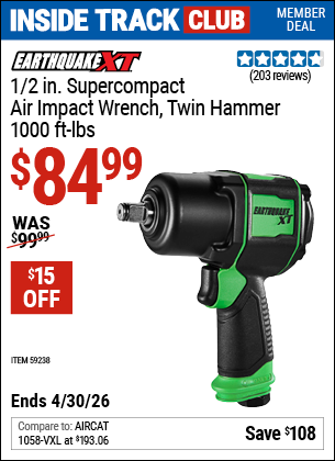 Harbor Freight EARTHQUAKE XT 1/2 IN. SUPERCOMPACT AIR IMPACT WRENCH, TWIN HAMMER, 1000 FT-LBS, GREEN coupon