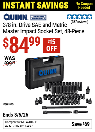 Harbor Freight QUINN 3/8 IN. DRIVE SAE AND METRIC MASTER IMPACT SOCKET SET, 48-PIECE coupon