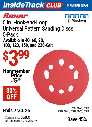 www.hfqpdb.com - BAUER 5 IN. HOOK-AND-LOOP UNIVERSAL PATTERN SANDING DISCS, 5-PACK Lot No. 57427/57463/57426/57421/57481/57418/57472