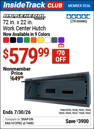 www.hfqpdb.com - U.S. GENERAL 72 IN. X 22 IN. WORK CENTER HUTCH, SERIES 3 Lot No. 70332/58709/70330/70331/70333/70335/70339/70337