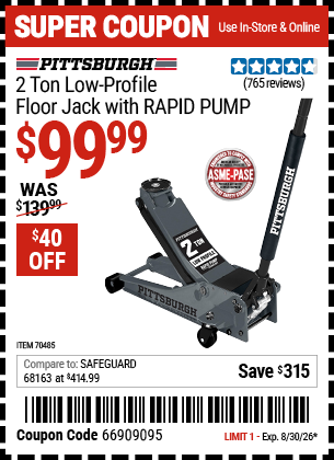 Harbor Freight PITTSBURGH 2 TON LOW-PROFILE FLOOR JACK WITH RAPID PUMP, SLATE GRAY coupon