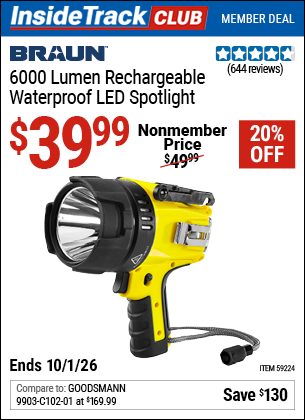 www.hfqpdb.com - BRAUN 6000 LUMEN RECHARGEABLE WATERPROOF LED SPOTLIGHT Lot No. 59224