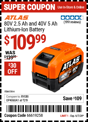 Harbor Freight ATLAS 80V 2.5 AH AND 40V 5 AH LITHIUM-ION BATTERY coupon